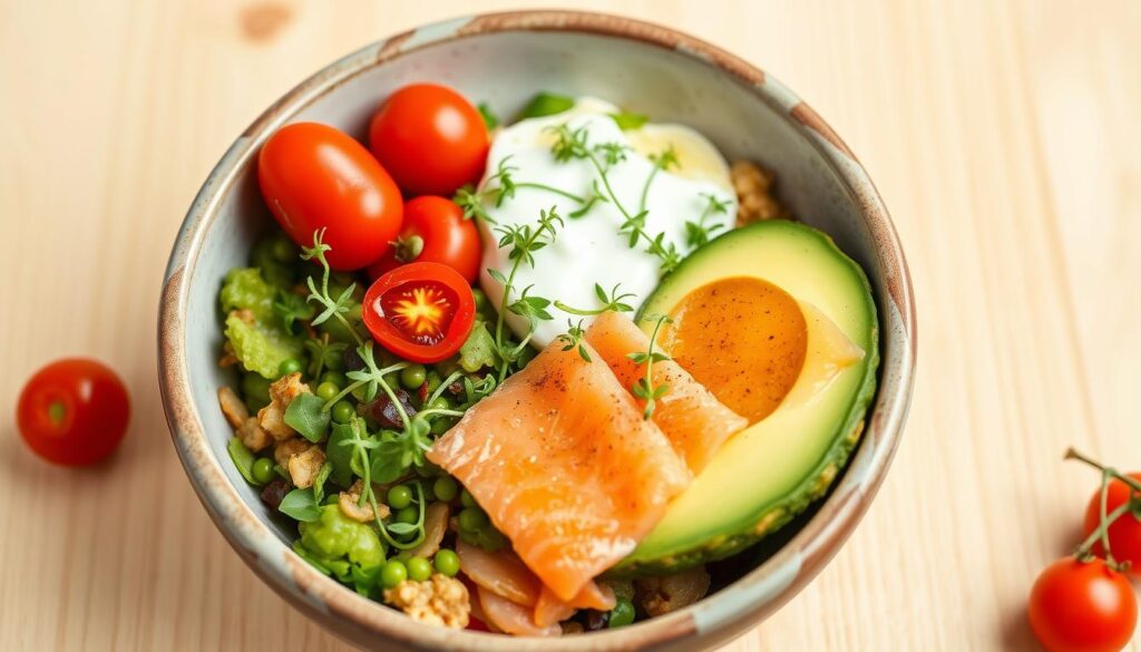 Low-carb breakfast bowl with avocado and salmon