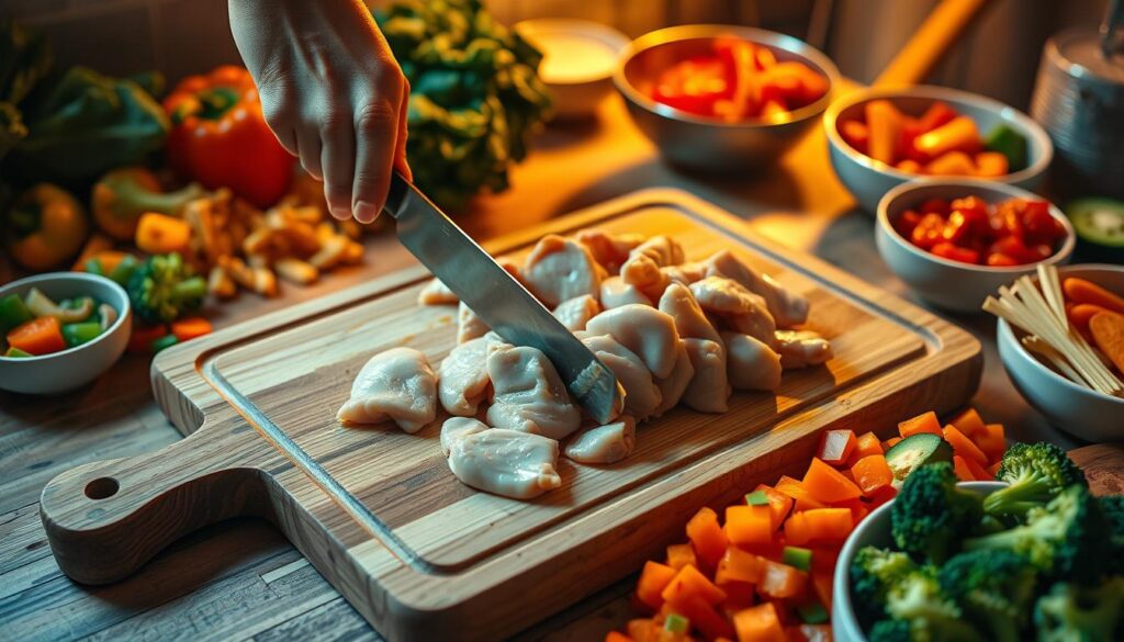 pre-cooking chicken and veggies for stir-fry meal prepping